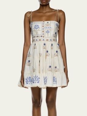 Agua by Agua Bendita Embroidered Tie-Shoulder Mini Dress in Cream and Blue